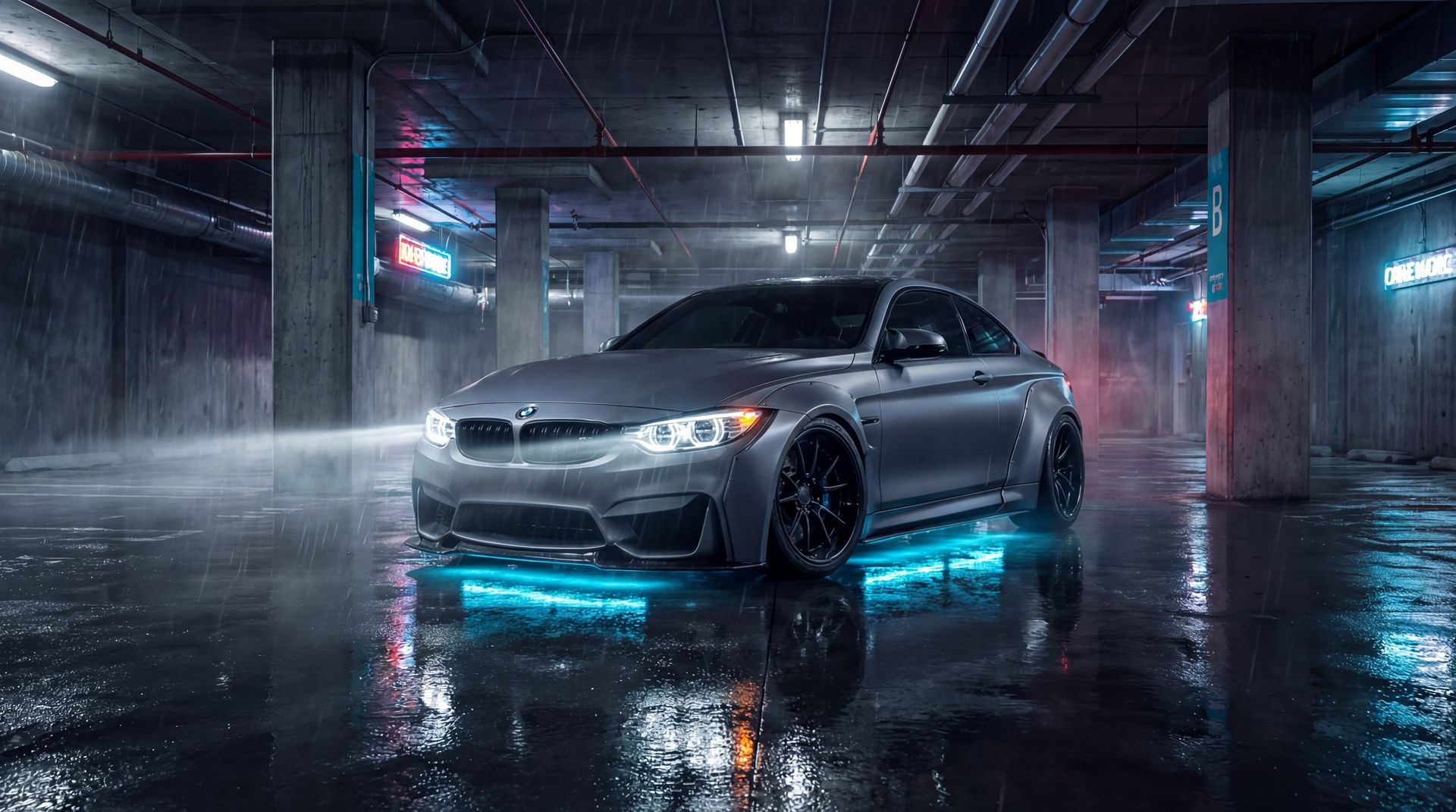 同人动漫夜间改装视频：宝马M4宽体套件安装与氛围灯调试